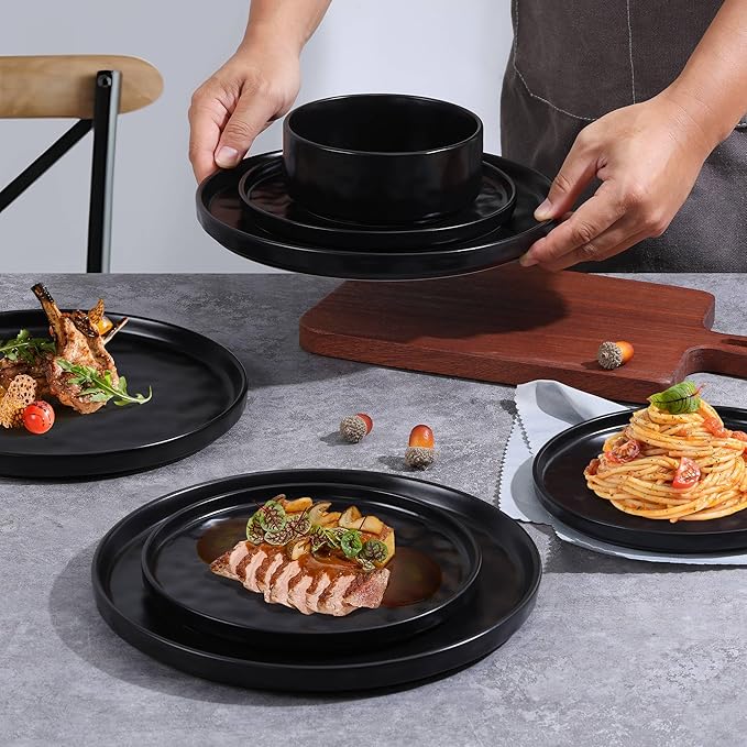 LIANYU Stoneware Dinnerware Dishes Sets for 8 24 Piece Plates and Bowls Dishware Set Ceramic Dinning Ware Includes Dinner Salad Plates Cereal Bowls Chip &amp Scratch Resistant Obsidian Matte Bla