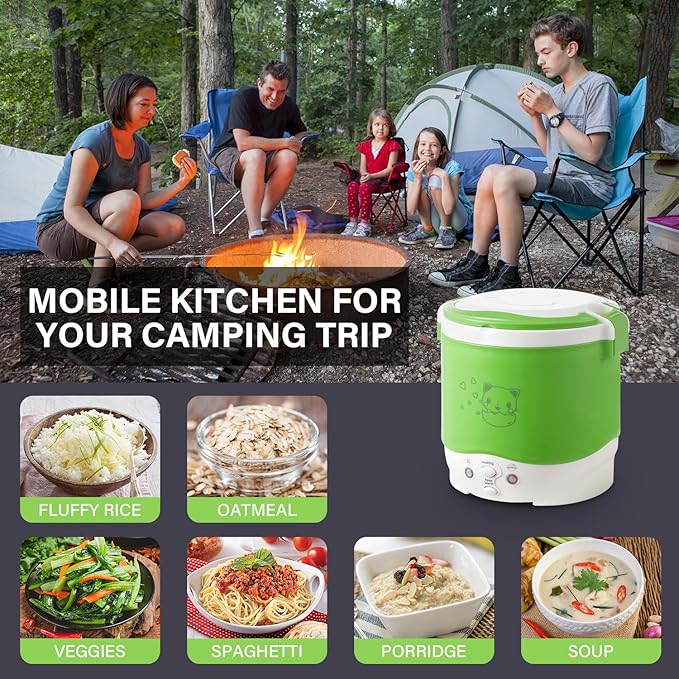 OSBA Mini Rice Cooker 1L Travel Rice Cooker Small 12V For Car Cooking For Soup Porridge and Rice Cooking Heating and Keeping Warm Function(Green)