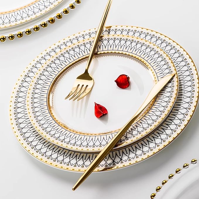 bone china plate set service for 6 24 pieces gold trim dinnerware set elegant dishes sets for anniversary business banquet housewarming