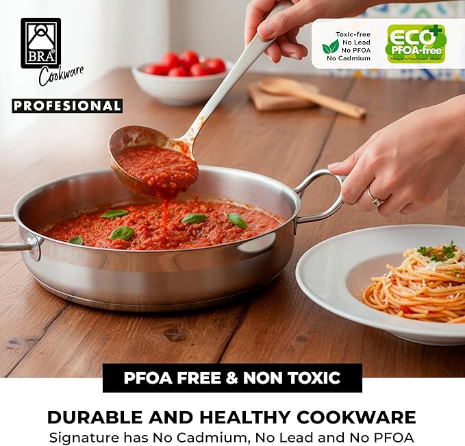 BRA COOKWARE Profesional 9-Piece Stainless Steel Cookware Set | Professional Pots &amp Pans Set | Kitchen Set w/ 2 Pots 1 Sauté Pan 3 Frying Pans 3 Lids | All Heat Sources Compatible | PFOA Free