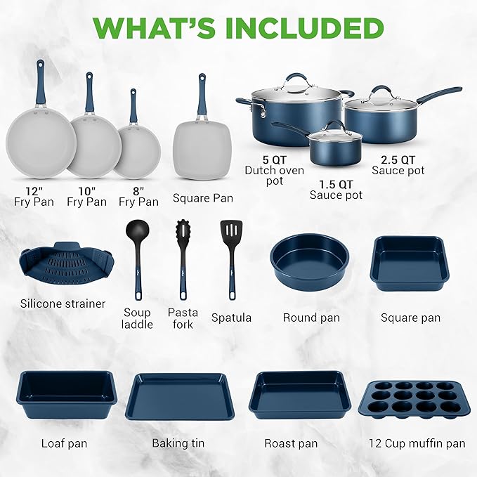 NutriChef Professional 20 Pc Pots and Pans Set Non Stick in Navy Blue - Includes Bakeware &amp Utensils Induction Ready Easy Clean