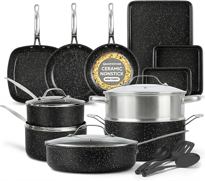 Granitestone Ceraluxe 20 Pc Ceramic Cookware Set Nonstick Complete Pots and Pans Set Non Stick for Kitchen with Bakeware Utensils &amp Steamer Non Toxic Made Without PFOA PFOS Oven &amp Dishwash