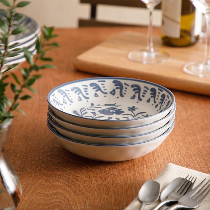 Bloomhouse - 2-Time Oprah’s Favorite Things - Valencia Flor 4 Piece Dinner Bowl Set 8” Stoneware Pasta Bowls Mediterranean Floral Decal Design Microwave &amp Dishwasher Safe Iris Blue