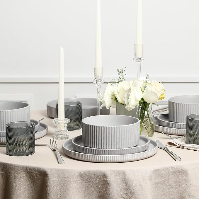 Stone Lain Haven Stoneware 32-Piece Dinnerware Set Plates and Bowls Sets for 8 Grey Dish Set Includes Dinner and Salad Plates Cereal Bowls Glassware Microwave &amp Dishwasher Safe
