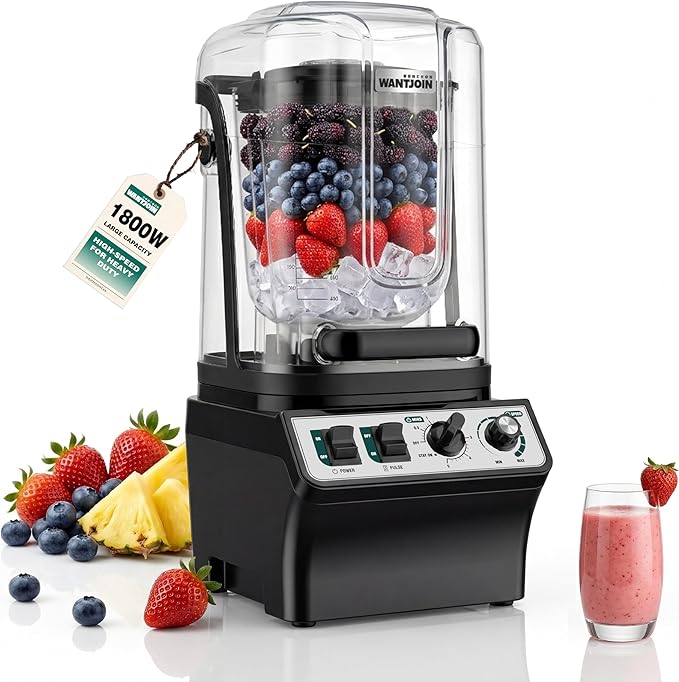 WantJoin Commercial Blender- 80Oz Quiet Smoothie Blender with Soundproof Shield Professional Ice Crusher Heavy Duty with Self-Cleaning High-speed Ice Drink Maker for Restaurant Bars Café Home