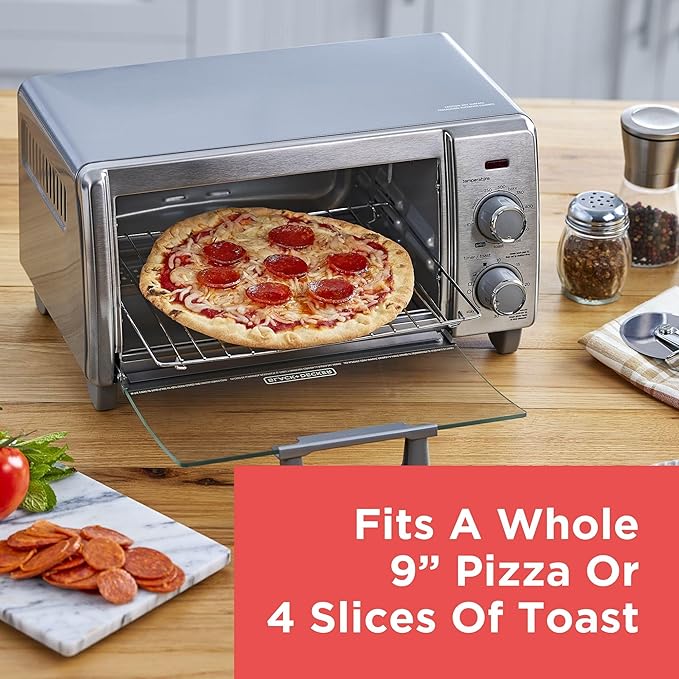 BLACK+DECKER Crisp 'N Bake Air Fry Countertop Convection Toaster Oven Medium Capacity 4-Slice 5-in-1 Fits 9” Pizza 30-Min Timer Bake Broil Air Fry Toast Keep Warm Stainless Steel