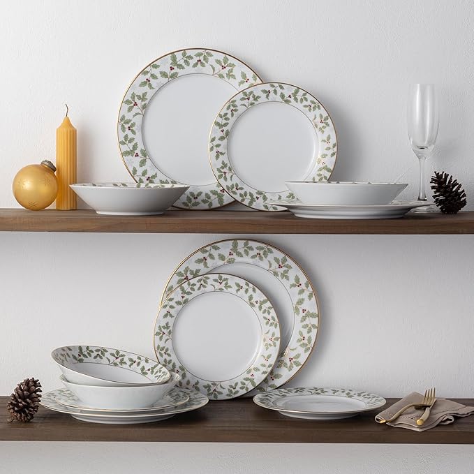 Noritake Holly and Berry Gold 12-Piece Dinnerware Set Service for 4