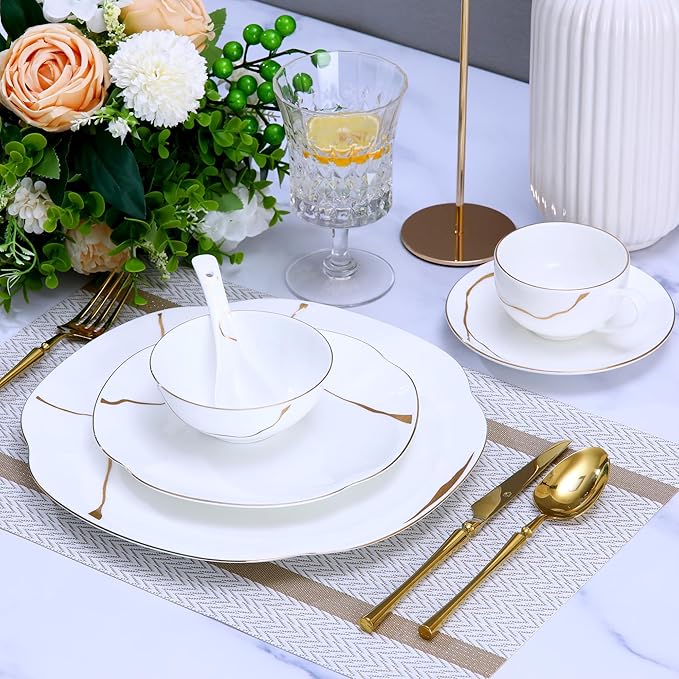 24 Piece White Porcelain Dinnerware set for 4Plates and Bowls Sets With Gold Rim and gold accentsHighly Chip and Crack Resistant | Dishwasher Safe Dishes Set