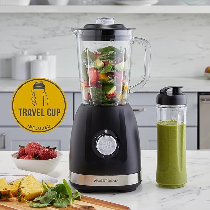 West Bend Blender with 48-Ounce Blending Jar and 20-Ounce Travel Cup Compact Design with Dial Control 700-Watts Black