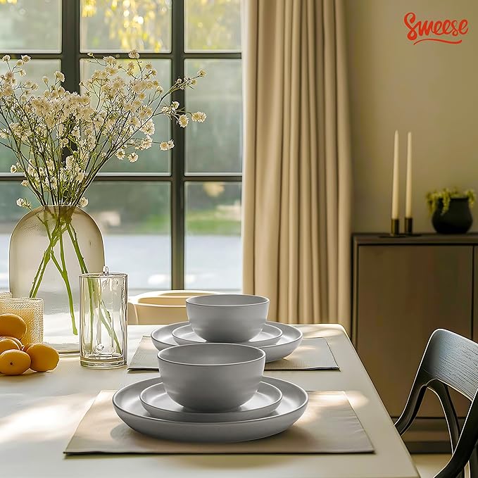 Sweese Dinnerware Sets12 Pieces Porcelain Round Plates and Bowls Sets Dishes Set for 4 Chip Scratch Dishwasher Microwave and Oven Safe Dishware Sets Grey