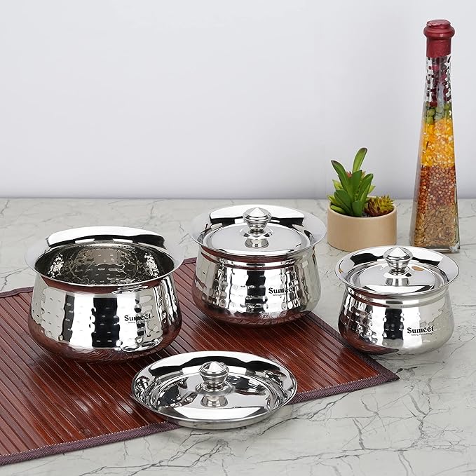 Sumeet Stainless Steel Handcrafted Hammered Texture Handi Set with Lid for Kitchen Set of 3 460ml 650ml &amp 950ml Silver