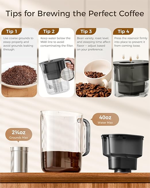 Waterdrop Cold Brew Coffee Maker with 1 Magnesium Water Filter for Well-Balanced Acidity Unlocks Aroma BPA-Free Cold Brew Pitcher Stainless Steel Filter for Iced Coffee Tea Lemonade Black