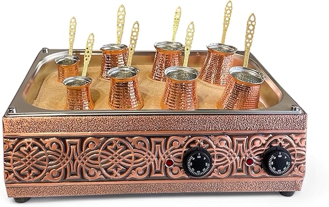 Traditional Handcrafted Copper Sand Coffee Maker Machine – With 8-Pots – 2000 Watt 110 Volt – Authentic Turkish Coffee Experience rich in foam