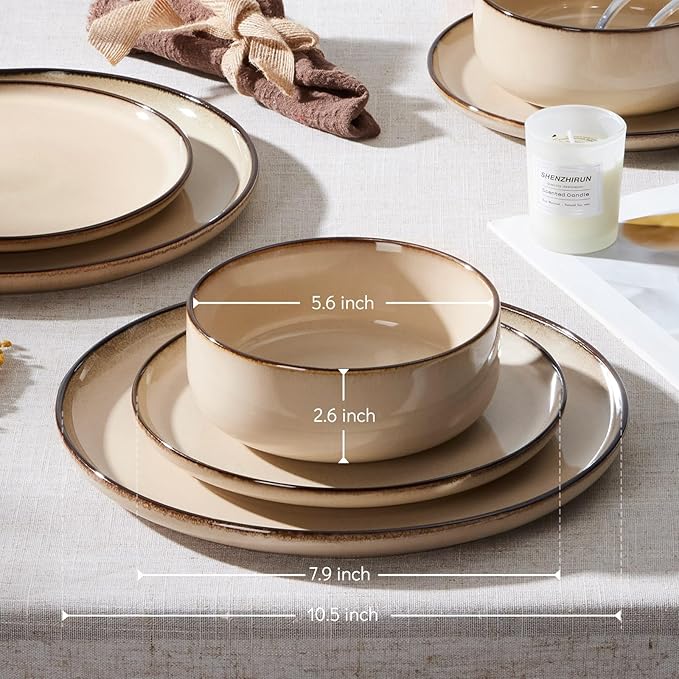 E-far 6-Piece Plates and Bowls Set Stoneware Dinnerware Sets for 2 Reactive Glaze Ceramic Dinning Ware Dishes Microwave &amp Dishwasher Safe - Sandy Beige