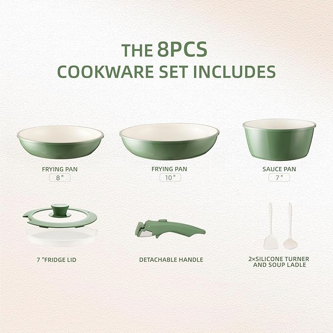 8PCS Ceramic CookwareNonstick Ceramic Pan Removable Handle Pots and Pans Set Stackable Set Nonstick Pan Pots and Pans Set Non Stick pot (Green)