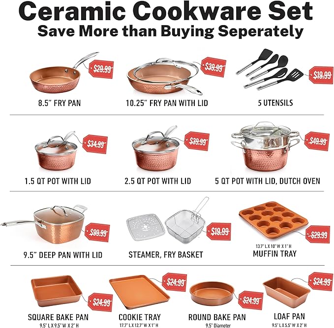 Gotham Steel Hammered 24 Pc Ceramic Cookware Set Nonstick Induction Ceramic Pots and Pans Set Non Stick with Deep Square Pan Set &amp Bakeware Set Non Toxic PFOA PFOS Free Oven &amp Dishwasher Sa