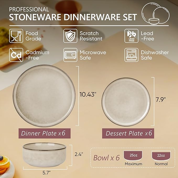 Herogo Stoneware Plates and Bowls Sets for 6 18 Pieces Modern Round Dinnerware Reactive Glaze Dishes Set for Kitchen Chip Resistant Microwave &amp Dishwasher Safe Cream Khaki
