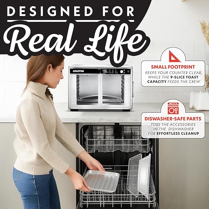 Gourmia French Door Air Fryer Oven - 37 Qt Large Capacity Convection Toaster Oven FryForce 360° Digital Display 12 Cooking Presets Dehydrate Fits 13” Pizza Dishwasher-Safe Stainless Steel