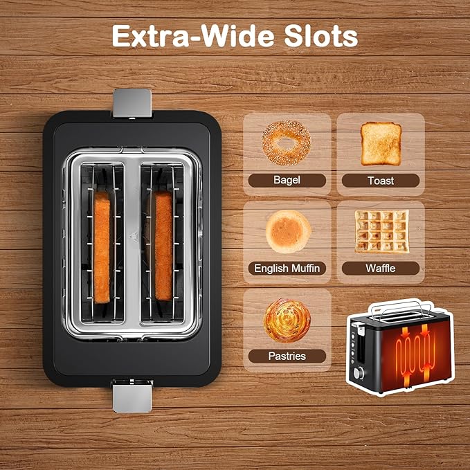 Mecity Toaster 2 Slice Stainless Steel Body Timer Bagel Defrost Reheat Cancel Functions Warming Rack Removable Tray 6 Browning Settings Extra Wide Slots Bread Toaster 120V 800W Black