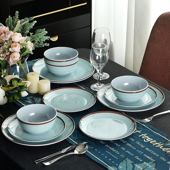 Melamine Dinnerware Set for 4 12Pcs Dinnerware Sets Mint Blue Plates And Bowls Sets Morden Dish Set Dishwasher Safe BPA Free(Green)