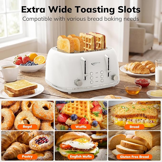 Keenstone Toaster 4 Slice Retro Stainless Steel Wide Slot Toaster with Dual Independent Controls 6 Browning Levels Bagel Defrost Reheat &amp Cancel Removable Crumb Tray White