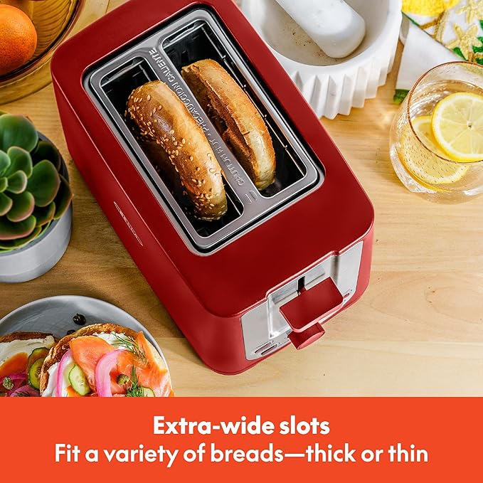 BELLA 2 Slice Toaster with Auto Shut Off - Extra Wide Slots &amp Removable Crumb Tray and Cancel Defrost &amp Reheat Function - Toast Bread Bagel &amp Waffle Red