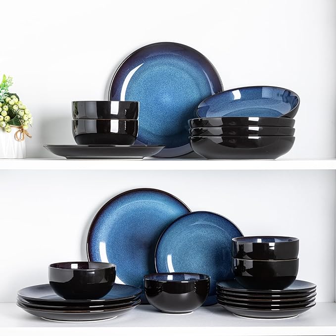 LERATIO Ceramic Dinnerware Sets for 8Stoneware Plates and Bowls SetsHandmade Reactive Glaze Dishes SetChip Resistant and Scratch Resistant | Oven&ampDishwasher &amp Microwave Safe-Blue(24PCS)