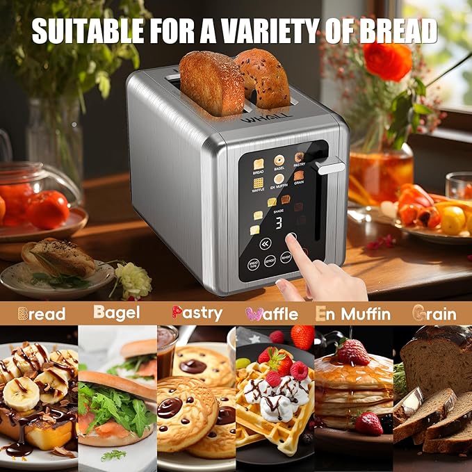 WHALL Touch Screen Toaster 2 SliceSmart Digital Toaster with 1.5 Wide Slots6 Shade Settings &amp 6 Bread TypesMemory FunctionCountdown TimerBrushed StainlessIdeal Kitchen Gift &amp Essential