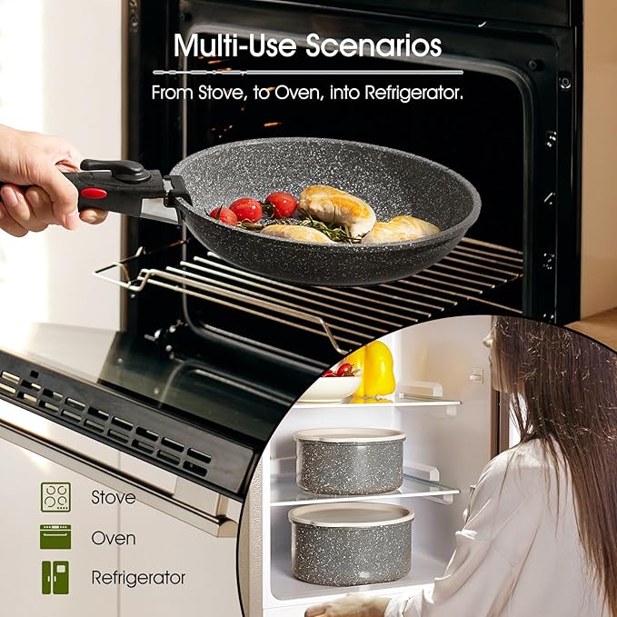 ROSSETTO 7pcs Pots and Pans Set Non Stick from France Ceramic Cookware Set with Removable Handle Induction RV Kitchen Cookware Set Stackable PFOA and PFAS Free Oven Safe Black Granite