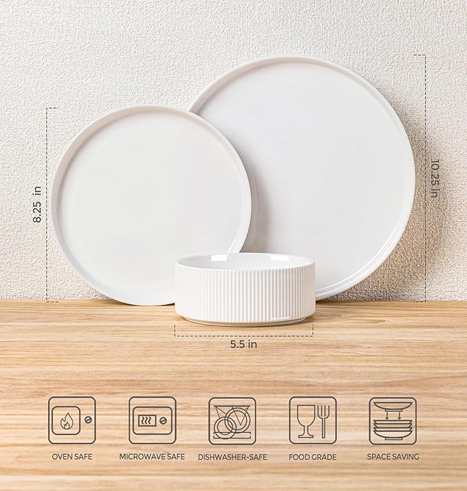 TheTerra Ceramic Dinnerware Sets for 6 18 Pieces Porcelain Lightweight Plates and Bowls Sets Scratch Resistant Dish Set Oven &amp Microwave &amp Dishwasher Safe Bright White