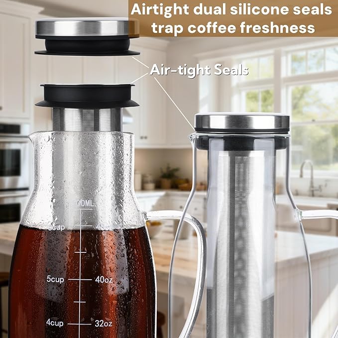 Airtight Cold Brew Coffee Maker Pitcher 51oz Glass Iced Coffee Maker Pitcher with Removable Stainless Steel Filter and Non-Slip Base 1.5L Iced Tea Maker