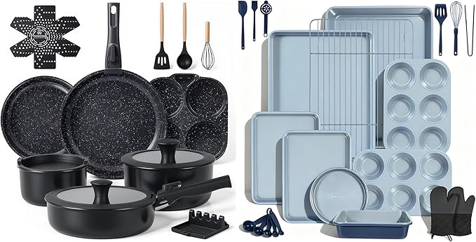 Ammeloo 21pcs Ceramic Pots and Pans Set Non Stick with Detachable Handles and Egg Frying Pan &amp 22-Piece Baking Pans Set Stackable Bakeware
