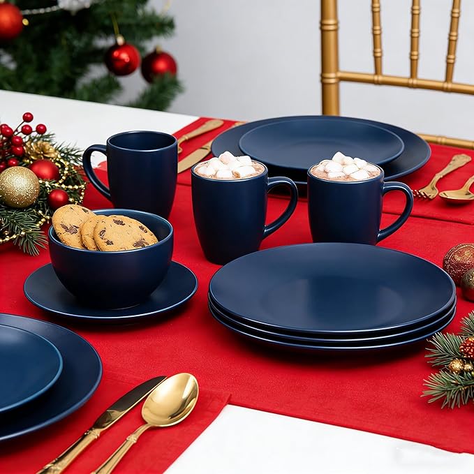 wocaxc16-Pieces Stoneware Dinnerware Set Kitchen Dinnerware Ceramic Crockery Set Dinner Service Set for 4 Include Dinner Plate Dessert Plate Cereal Bowl and Mug. (navy blue)