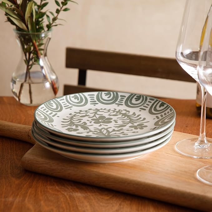 Bloomhouse - 2-Time Oprah’s Favorite Things - Valencia Flor 4 Piece Dessert &amp Salad Plate Set 8.75” Stoneware Plates Mediterranean Floral Decal Design Microwave &amp Dishwasher Safe Fern Gree