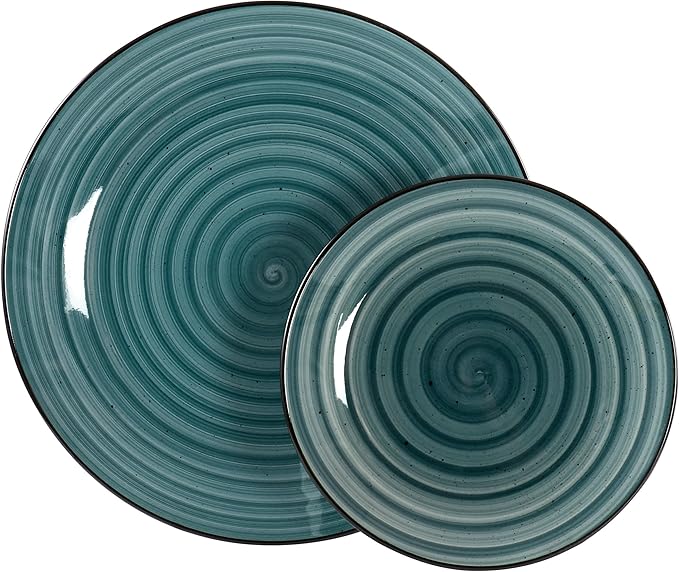 24 Piece Round Stoneware Dinnerware Set in Dark Green Solid Casual Dishwasher Safe