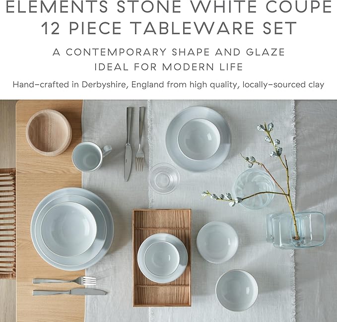 Denby - Elements Stone White Dinner Set For 4-12 Piece Ceramic Tableware Set - Dishwasher Microwave Safe Crockery Set - 4 x Dinner Plates 4 x Medium Plates 4 x Cereal Bowls