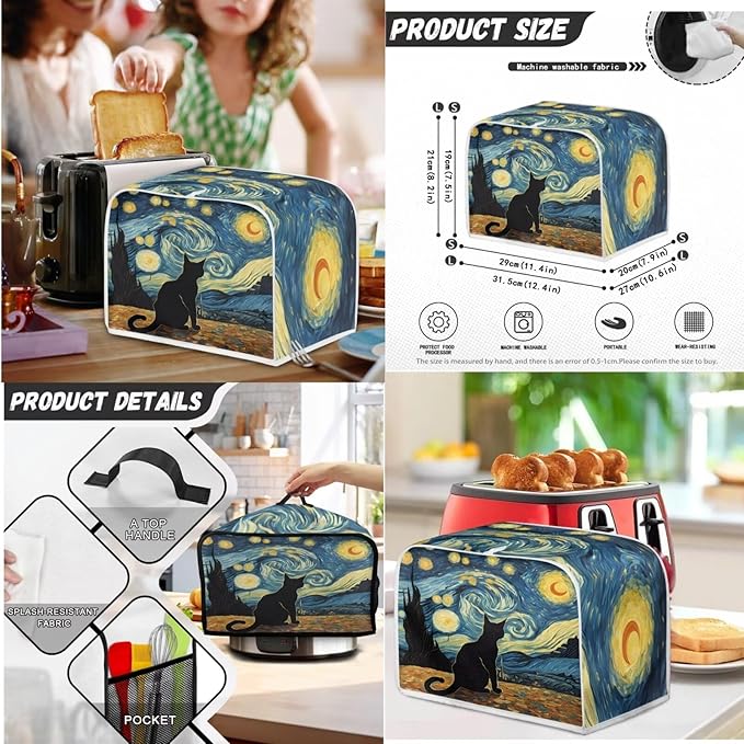 Starry Night Cat Decoration Slow Cooker Cover Toaster Cover Blender Covers SetFit 6-8 qt Slow Cooker Bread Machine Dust Cover Fits for Most Standard 2 Slice ToastersMachine Washable(Blue)