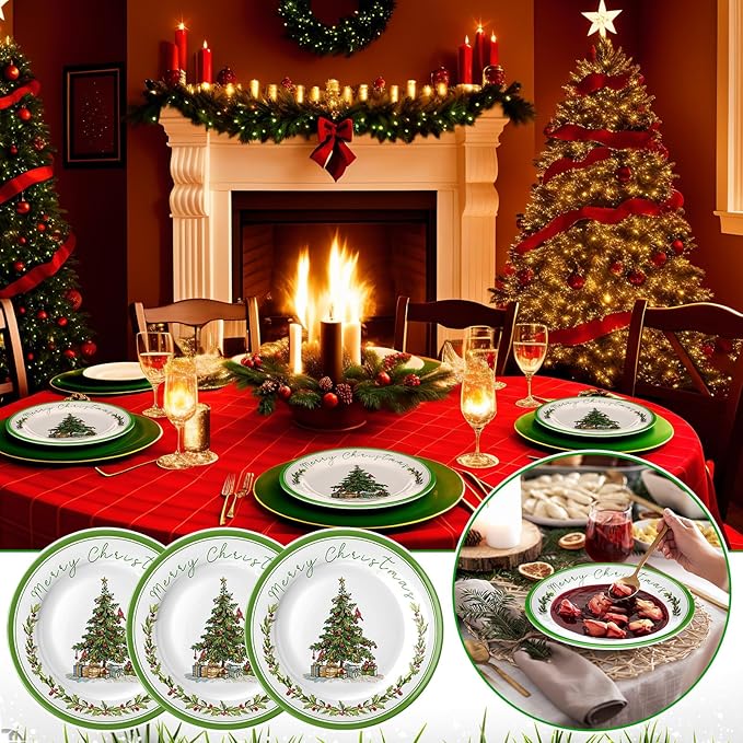6 Pcs Christmas Melamine Plates Dinner Salad Plates Xmas Tree Dinnerware Xmas Wreath Dishes Holiday Tableware for Dessert Salad Appetizer Birthday Party(Christmas Tree8 Inches)