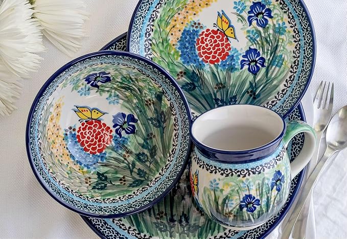 Blue Rose Polish Pottery - Green Teresa 4 PC Place Setting - Service for 1-1 Place Setting - Great for Everyday Dining Casual Dining or as Formal Dinnerware