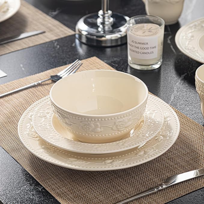 Embossed Strawberry Ceramic Dinnerware Set 16-Piece for 4 Ivory White Non-Slip Plates Bowls &amp Mugs Microwave &amp Dishwasher Safe Premium Kitchen Table Setting Statement Pieces