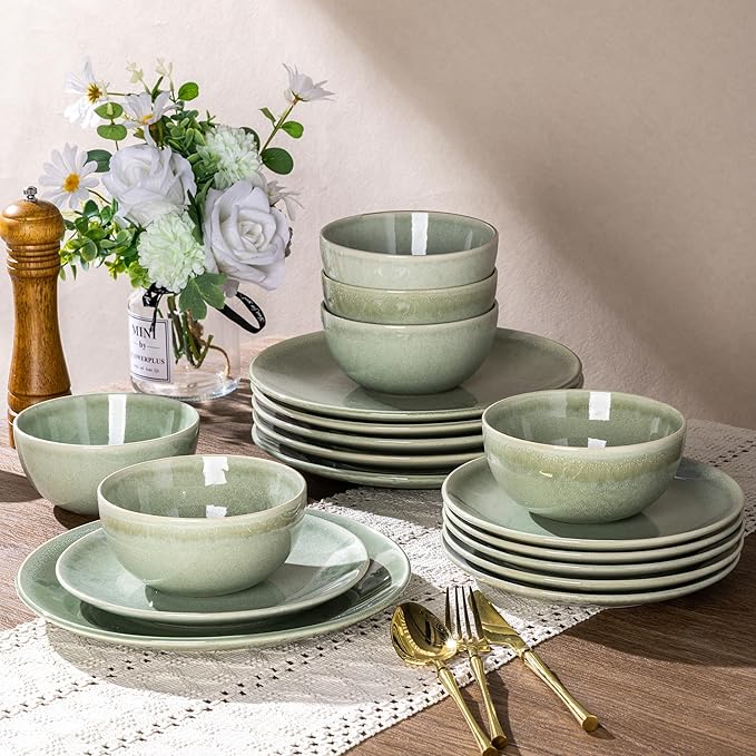 AmorArc Ceramic Dinnerware Sets for 6 18 Pieces Handpainted Plates and Bowls Set Scratch Resistant Stoneware Dishes Set Dishwasher &amp Microwave Safe Olive Green