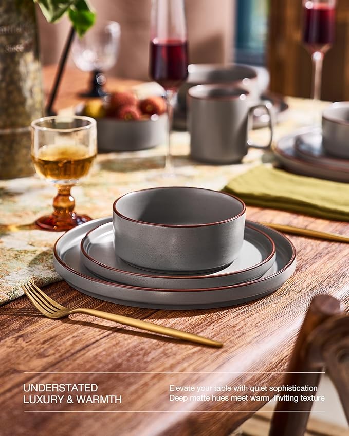 Famiware Nebula Ridge Stoneware Dinnerware Sets for 8 24 Pieces Plates and Bowls Sets Dishes Set Microwave and Dishwasher Safe Kitchen Plates Dark Gray