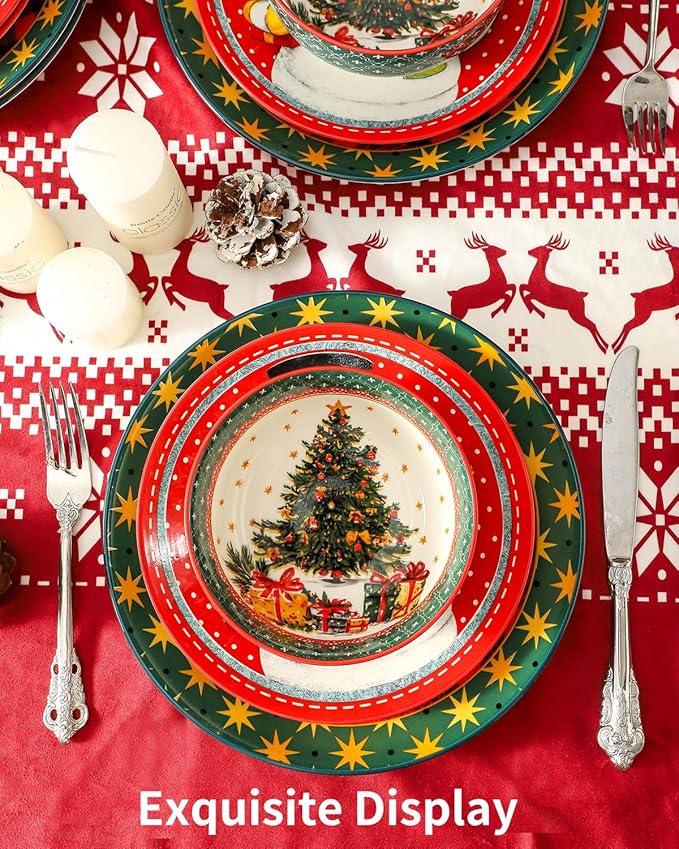 Hasense 12 Pieces Christmas Dinnerware Set Ceramic Dish Plates and Bowls Red &amp Green Design Dinnerware Sets for 4 Dishwasher &amp Microwave Safe Dishes Ideal for Christmas Gift