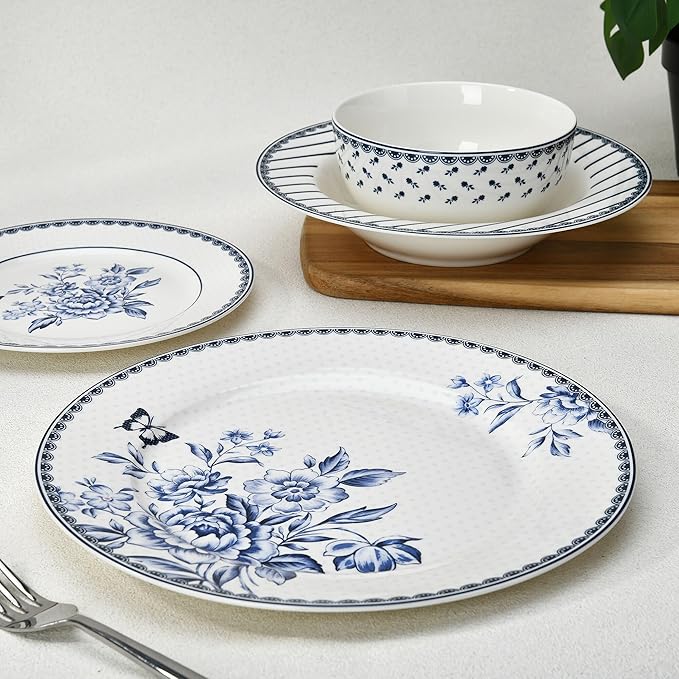 24-Piece Bone China Dinnerware Set in Gift Box Service for 6 Porcelain Dinnerware Tropical Dishes Set - Dinner Plates Dessert Plates Cereal Bowls Mugs (Vintage Indigo)