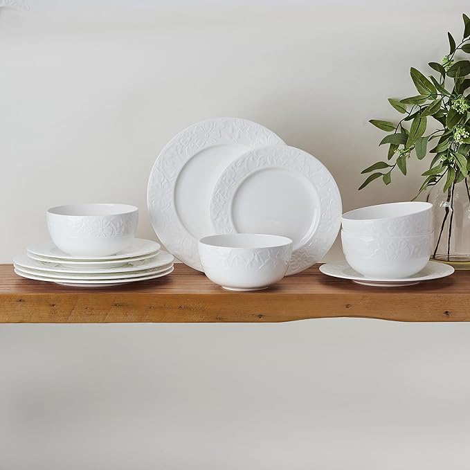 Mikasa Claire Floral Bone China Lightweight Chip Resistant 12 Piece Dinnerware Set Service for 4 White