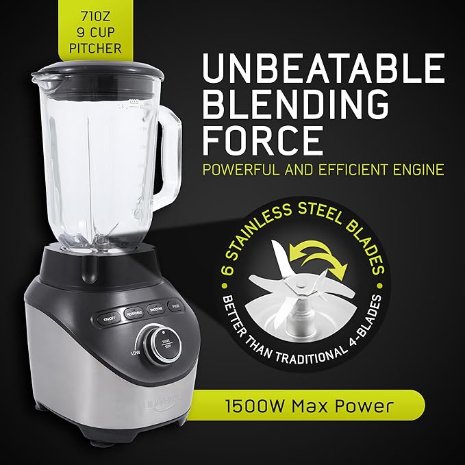 Universal 1500 Peak Watt Turbo Elite Max Blender 71oz - 9-cup / 2.1 Liter Glass Pitcher 3 Speed Settings with Powerful 6 Stainless Steel Blades Premium Blender for Smoothies Domestic Use