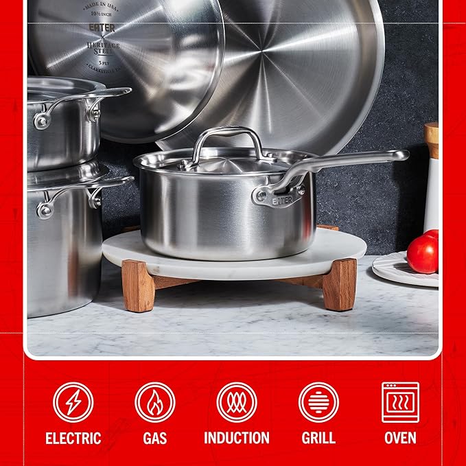 Heritage Steel Eater Series 10 Piece Cookware Set | Made in USA | 5 Ply Fully Clad Stainless Steel Cookware Set | Stay Cool Handle | Induction Ready &amp Non-Toxic