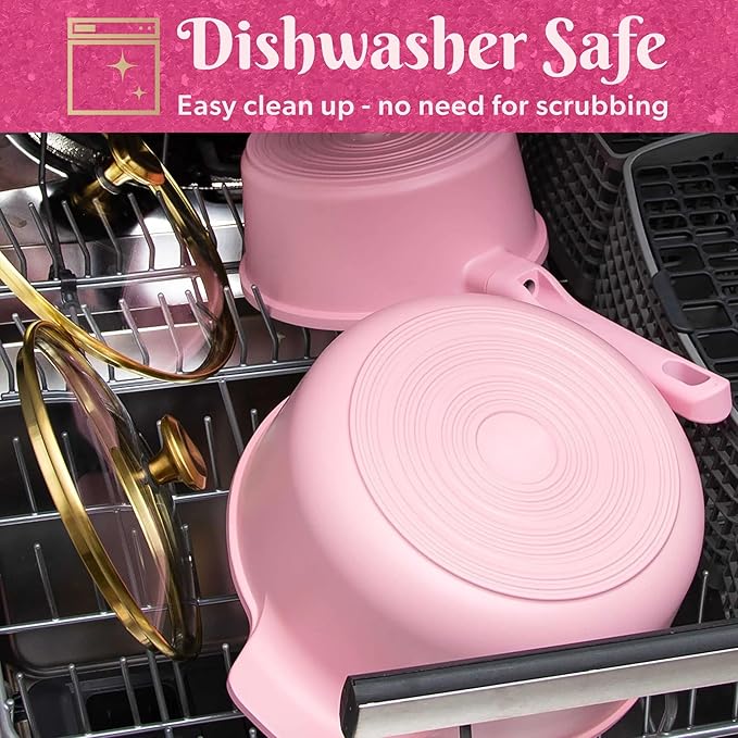 Nonstick Cast Aluminum Cookware Set with Ceramic Coating Pink Fry Pans Saucepan &amp Dutch Oven (10-Piece set)