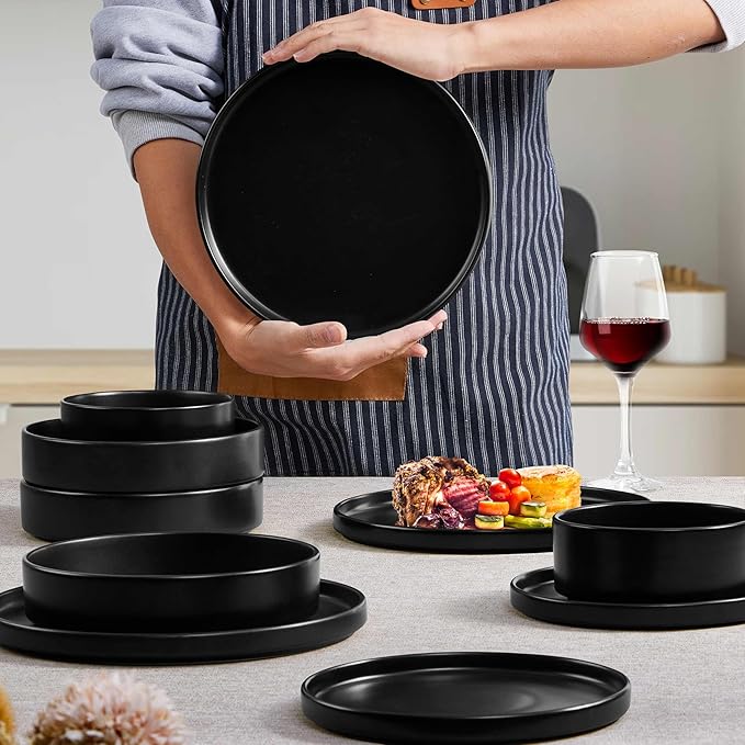 Herogo Dinnerware Sets with Pasta Bowls for 2 8 Piece Dinner Salad Plates and Cereal Bowls Stoneware Serving Dishes Dinner Ware for Home Kitchen Dishwasher &amp Microwave Safe Dishware Matte Blac