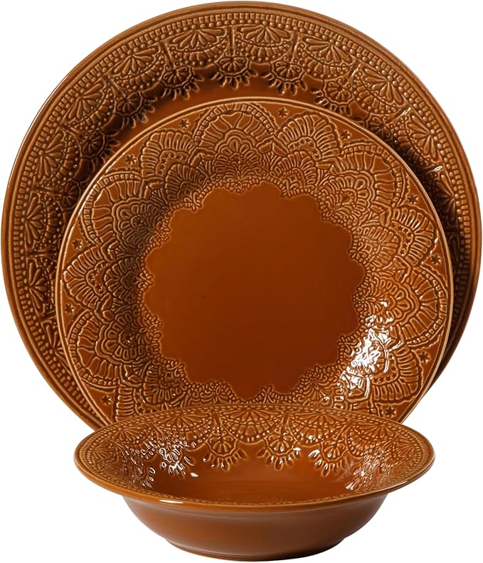 Retro Lace Ceramic Dinnerware Set 12-Piece Embossed Pattern Caramel Glaze Microwave &amp Dishwasher Safe for Daily Dining &amp Holiday Gatherings Includes Dinner &amp Salad Plates Bowls